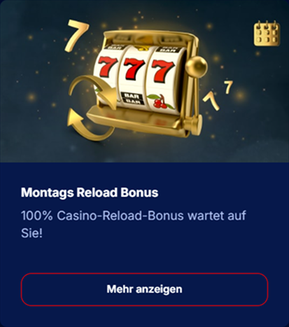 bonus-2 Montags Reload Bonus 100 Prozent Spielautomat drei Siebenen