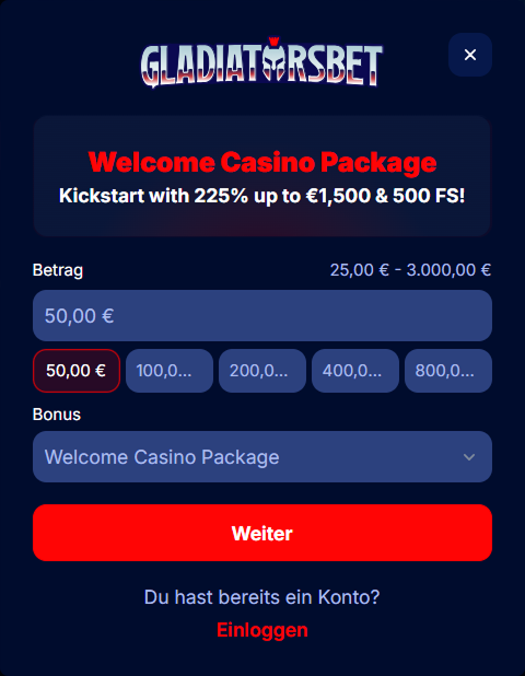 registration Einzahlung 25 bis 3.000 Euro Bonusauswahl